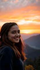 Smiling Woman at Sunset Mountains, Happy, Outdoor Adventure