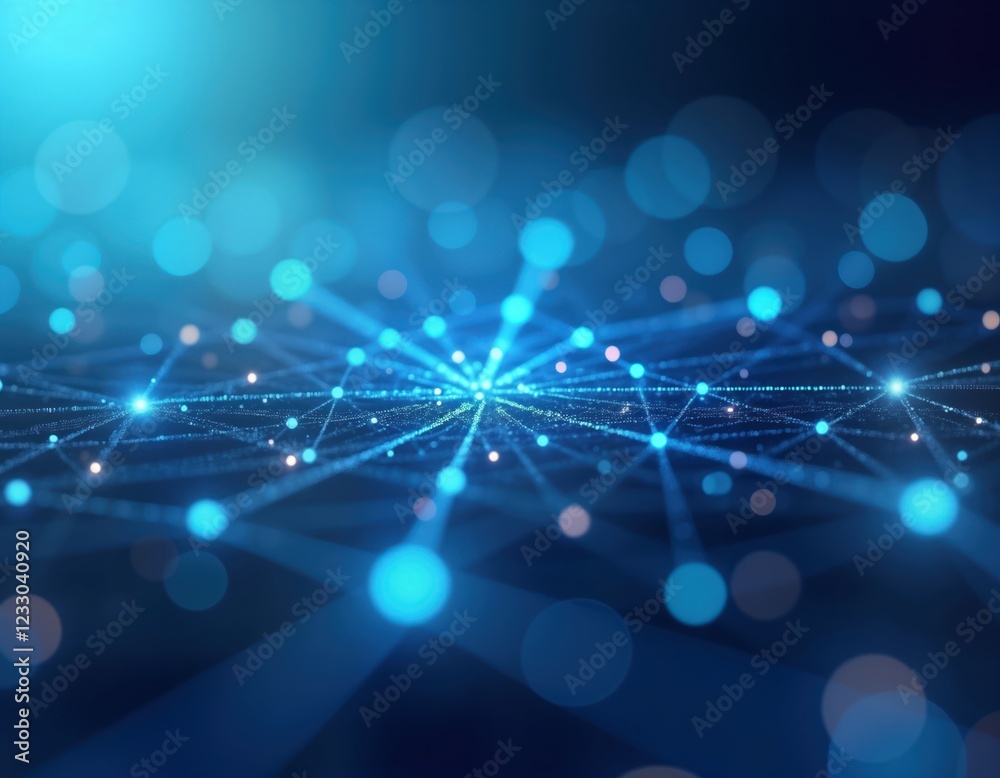 Poster abstract glowing network structure. blue lines, dots form complex connections. tech concept, web des