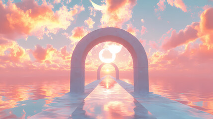 Spectacular solar and lunar eclipses of a serene archway reveals a dreamy sunset in soft hues, crowned by a crescent moon and floating clouds, inviting tranquility. Solar Archway. Illustration