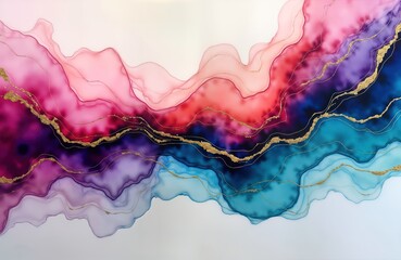 Obraz premium Abstract alcohol ink painting features mix of vibrant colors like pink red purple blue, turquoise. Gold lines create texture, detail. Modern abstract art design. Perfect for home decor. Intricate