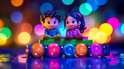Fototapeta premium Boy and girl figurines sit on colorful blocks