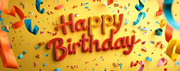 In bold 3D text, "Happy Birthday" surrounded by colorful streamers, set on a festive yellow background.