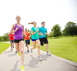 Running, athlete and exercise for group, fitness and practice for competition with friends, race...