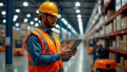 Warehouse supervisor checks inventory on tablet. Forklifts move in background. Busy warehouse environment. Modern tech tools in logistics. Supervisor wearing safety vest. Warehouse operation concept.