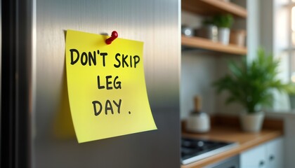 Motivational reminder on fridge. Yellow sticky note says Skip leg day. Home gym. Fitness inspiration. Healthy lifestyle. Workout schedule. Home interior. Kitchen decor. Self care. Active lifestyle.