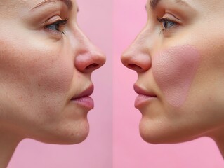 Obraz premium Comparison before and after lip filler injections or permanent lips make up on pink background