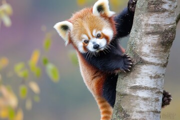 A small red panda cub is climbing a tree branch in a lush forest. Its fur glistens in the early morning light as it explores its surroundings with curiosity and playfulness