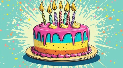 Pop art birthday cake, by comic book style, featuring bold outlines and vibrant colors, isolated on a light turquoise background.