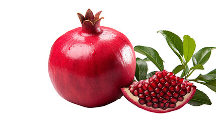 Red Pomegranate with Leaves Juicy Seeds, Fresh Healthy Fruit for Food Displays, isolated on transparent background.