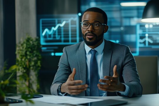 Professional businessman in modern office setting discussing strategy and growth with charts and graphs visible, reflecting a confident and engaged approach to corporate communication.