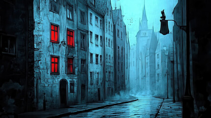 Mysterious Urban Scene with Fog and Red Windows at Dusk