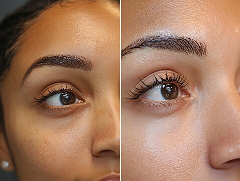 Before and after photos a woman's eyebrows after a professional eyebrow threading session highlighting the transformation