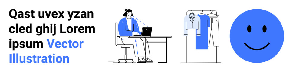 Businesswoman working on a laptop at her desk, a wardrobe with clothes hanging, and a large blue happy face. Ideal for business, remote work, fashion, positivity, content creation, online shopping