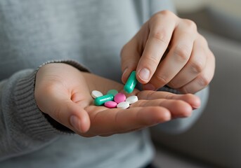 Woman Hand Selecting Pills from Palm for Painkillers, Vitamins, or Antibiotics – Health and Medication Concept
