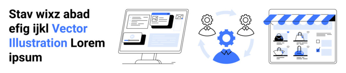 Desktop with user interface, interaction gear symbol connecting users, and a digital storefront layout. Ideal for digital workflow, productivity, project management, automation, customer