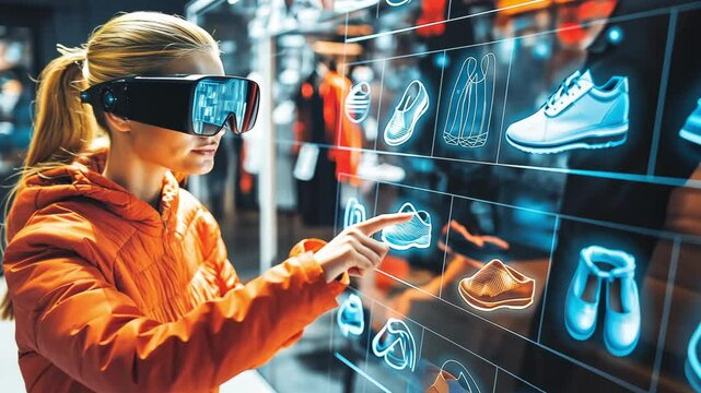 A woman customer engages with immersive shopping technology, tapping on virtual displays in a contemporary store setting, purchasing shoes and clothes
