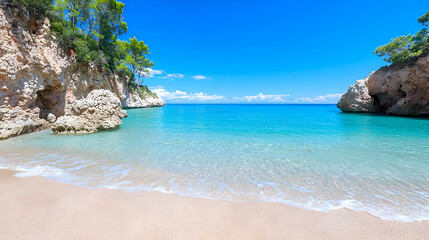 Secluded cove, turquoise water, sandy beach, summer vacation paradise