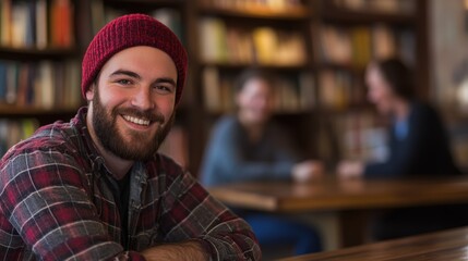 Fototapeta premium Young man with beard and red beanie smiling at the camera in a cozy cafÃ©, surrounded by books, coffee, and friends engaging in conversation and relaxation.