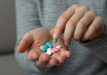 Woman Hand Selecting Pills from Palm for Painkillers, Vitamins, or Antibiotics – Health and Medication Concept