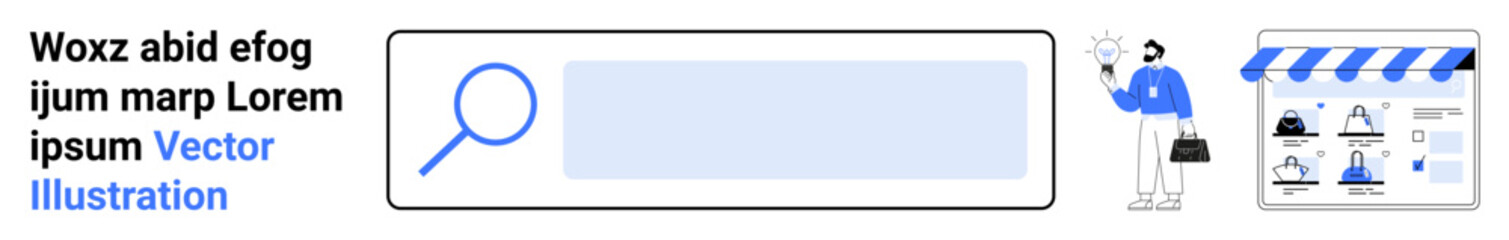 Fototapeta premium Man holding shopping bag near a store icon with a magnifying glass and search bar in focus. Ideal for UIUX design, online shopping, e-commerce platforms, digital marketing, website development