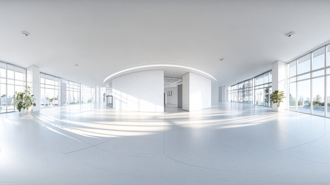 full 360 panorama of empty white hall room without furniture seamless spherical hdri hdr panorama 3d render illustration