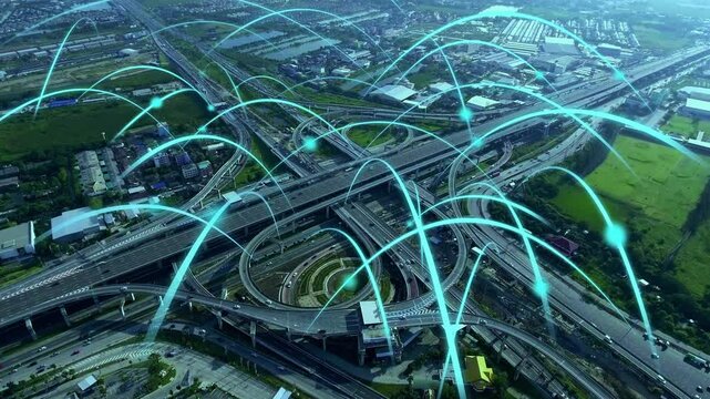 Smart digital city highway with globalization graphic of connection network abstract line . Concept of future 5G smart wireless digital city and social media networking systems . - Powered by Adobe