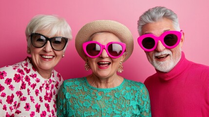 Obraz premium Joyful Senior Friends Sharing Humorous Moments in Colorful Fashion Against Pink Background