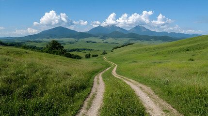 Winding road through grassy hills towards mountains, sunny day, travel