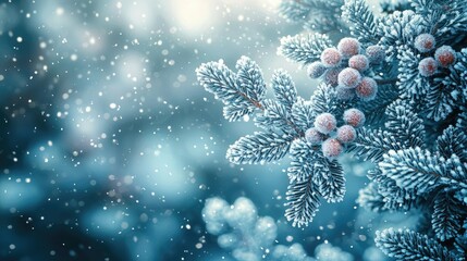 Frosty Pine Branch With Red Berries In Winter Snow