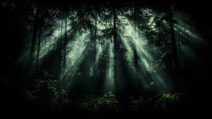 Sunbeams pierce misty forest, creating magical ambiance. Ideal for fantasy, nature, or spiritual themes