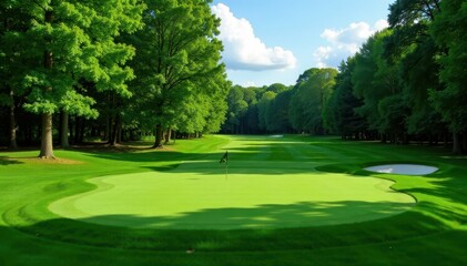 Immaculate putting green, bordered by wooded area, texture, environment