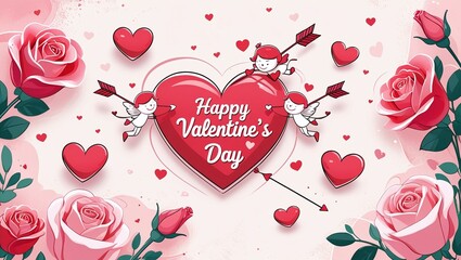 Valentine's Day design template which include greeting word, panoramic horizontal banner - Cupid, Pink and Red color