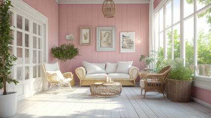 empty vintage living room soft pink rose pastell wall with white wood floor tiles 3d render illustration