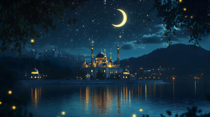 Tranquil Mosque Night Scene with Crescent Moon and Stars for Ramadan Kareem