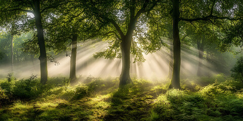 Obraz premium Mystical Forest Scene Covered with Morning Fog