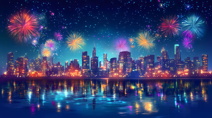 Colorful fireworks over city skyline reflected in water. Sparkling Harbor. Illustration