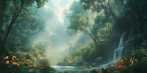 Obraz premium Mystical Forest Scene Covered with Morning Fog