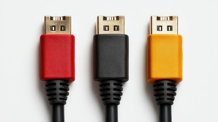 Three displayport cables in red black and yellow colors
