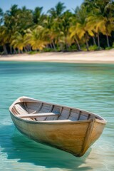 Obraz premium Boat moored in calm turquoise waters with tropical beach and palm trees in background, perfect for vacation, travel, and nature themes in photography.