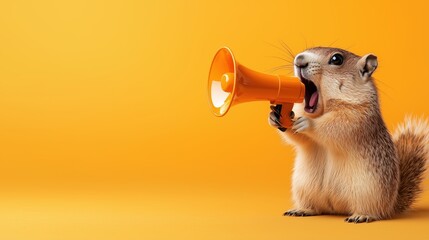 Groundhog screaming into megaphone symbolizes fun around Groundhog Day. Isolated on the bright orange background. Banner with copy space for promotions and advertisement