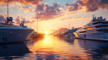 Fototapeta premium Luxury yachts docked at a marina at sunset with sparkling water. Sparkling Harbor. Illustration