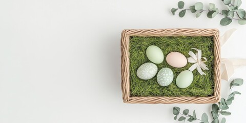 Decorative easter eggs in woven basket on grass with eucalyptus leaves