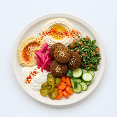 Top View of Falafel Plate with Hummus and Fresh Herbs on White Background
