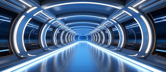 Obraz premium Futuristic corridor with glowing blue lights and a city skyline visible through windows