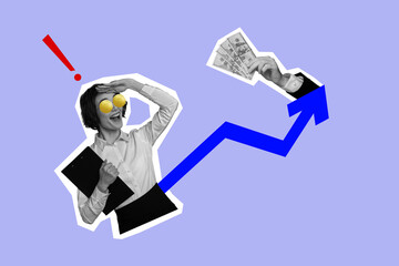 3D collage design composite trend artwork sketch of hiring young lady find job arrow show hand hold money motivation currency income play