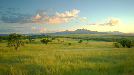 Serene sunset over grassy savanna, mountains background. Use Travel brochure