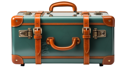 Teal Leather Suitcase Luxury Retro Travel Bag, Antique Style for Trips, isolated on transparent background.