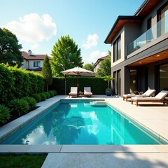 Modern in-ground pool in a landscaped suburban setting , design, property