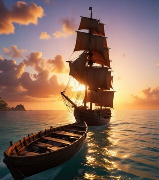 El atardecer ilumina un barco pirata con un proa robusto y una cubierta amplia mientras navega por el mar, sea, bow