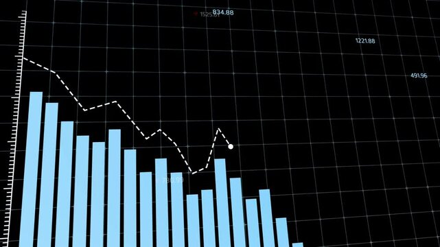 Profit growth analysis, financial diagrams showing increasing revenue bars and decreasing loss trends, blue tones, business data visualization, black background, copy space.